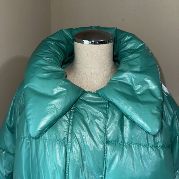 A New Day Women's Green Mid Length Puffer Coat Zip Snap Collared Size Large EUC - Picture 3 of 16